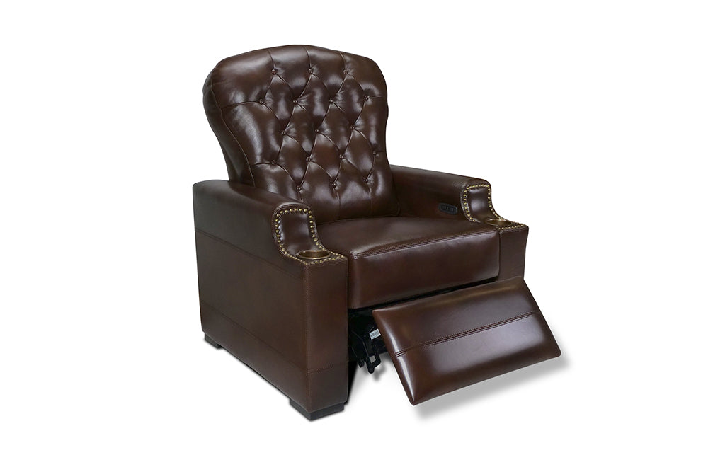 Left Angled, Recliner on Front View of A Luxurious, Dark Chocolate, Single Seat, Italian Moulin Leather Recliner Chair.