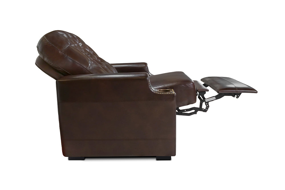 Left-Side, Recliner on Back View of A Luxurious, Dark Chocolate, Single Seat, Italian Moulin Leather Recliner Chair.