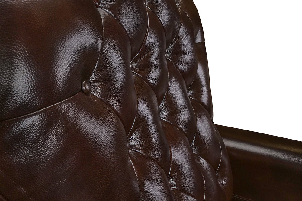 Tufted Button Close-Up View of A Luxurious, Dark Chocolate, Single Seat, Italian Moulin Leather Recliner Chair.