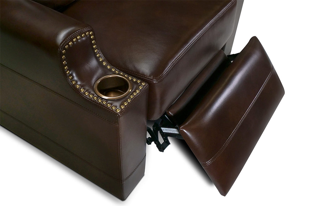 Power Recline Close-Up View of A Luxurious, Dark Chocolate, Single Seat, Italian Moulin Leather Recliner Chair.