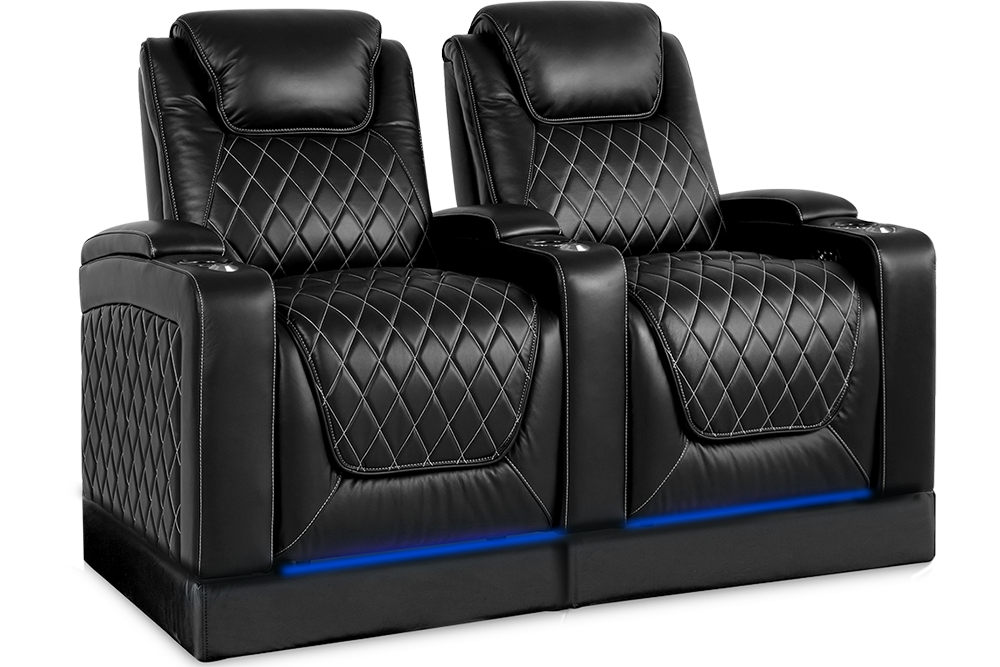 Left Angled Front View of A Luxurious, Midnight Black, Two Seat, Wood and Steel Frame, Oslo Home Theater Seating with Risers.