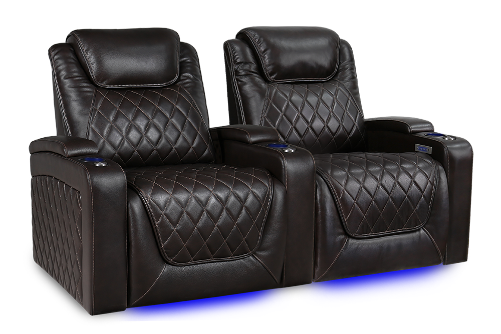 Left Angled Front View of A Luxurious, Dark Chocolate, Two Seat,Wood and Steel Frame, Oslo XL Premium Top Grain Nappa Leather Home Theatre Seating.