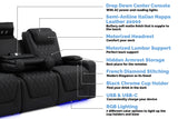 Half Left Angled Front View of A Luxurious, Onyx, Wood and Steel Frame, Oslo Luxury Console Edition Home Theater Seating with It's Parts Details Information Chart.