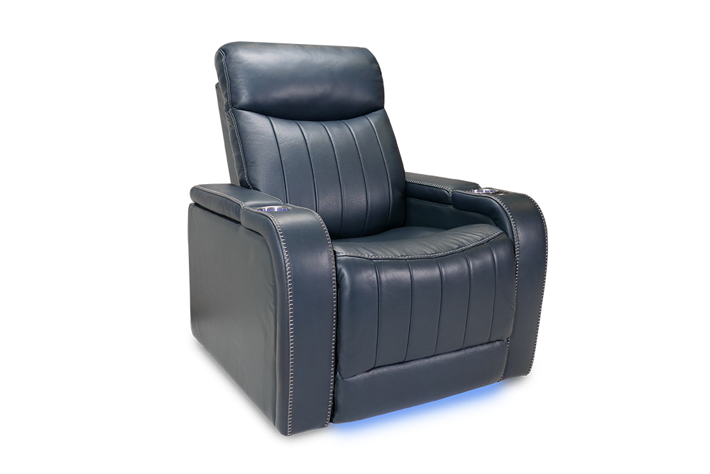 Left Angled Front View of A Modern, Navy Blue, Single Seat, Leather Recliner Chair.