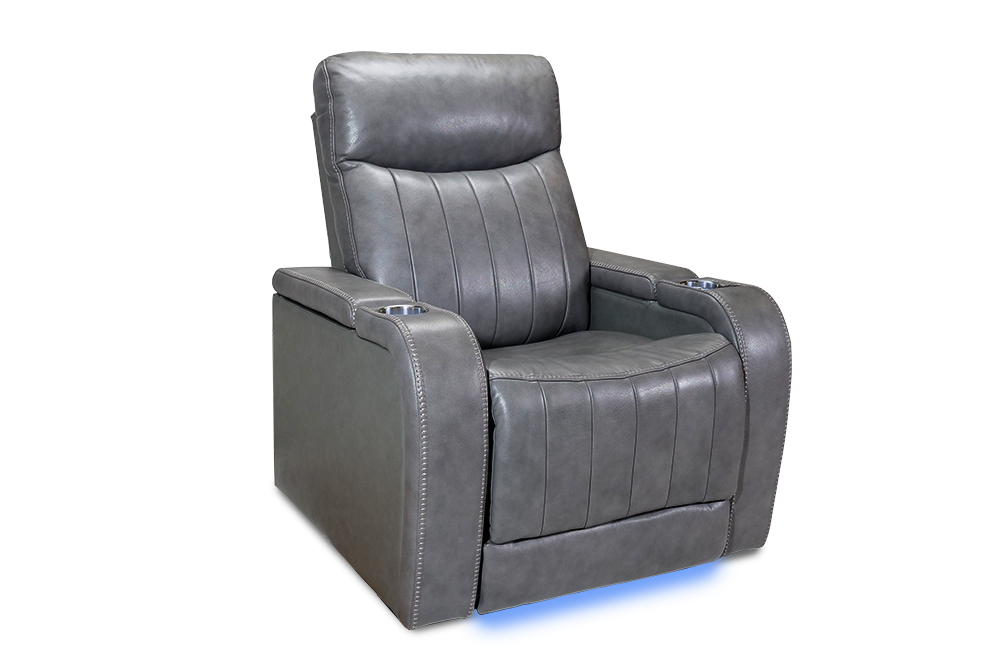 Left Angled Front View of A Modern, Grey, Single Seat, Leather Recliner Chair.