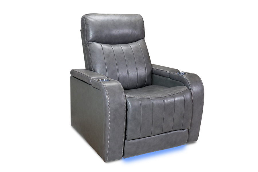 Left Angled Front View of A Modern, Grey, Single Seat, Leather Recliner Chair.