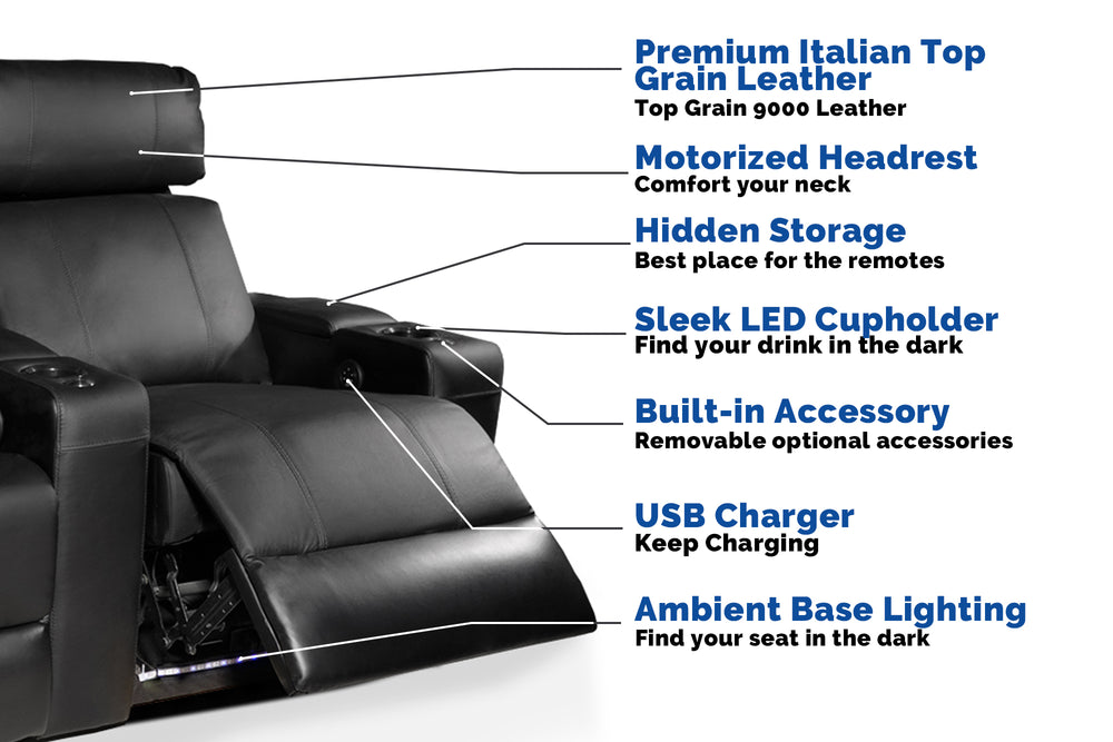 Left Angled Half View of A Comfort and Style, Black, Wood and Steel Frame, Piacenza Power Headrest Premium Top Grain Leather Theater Seating With It's Individual Parts Details  Information.