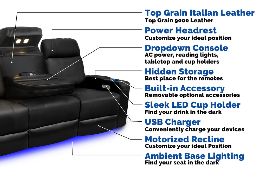 Half Left Angled View of A Luxurious, Midnight Black, Three Seats with Dropdown Center Console, Top Grain Leather Piacenza Headrest Console with Parts Instructions.