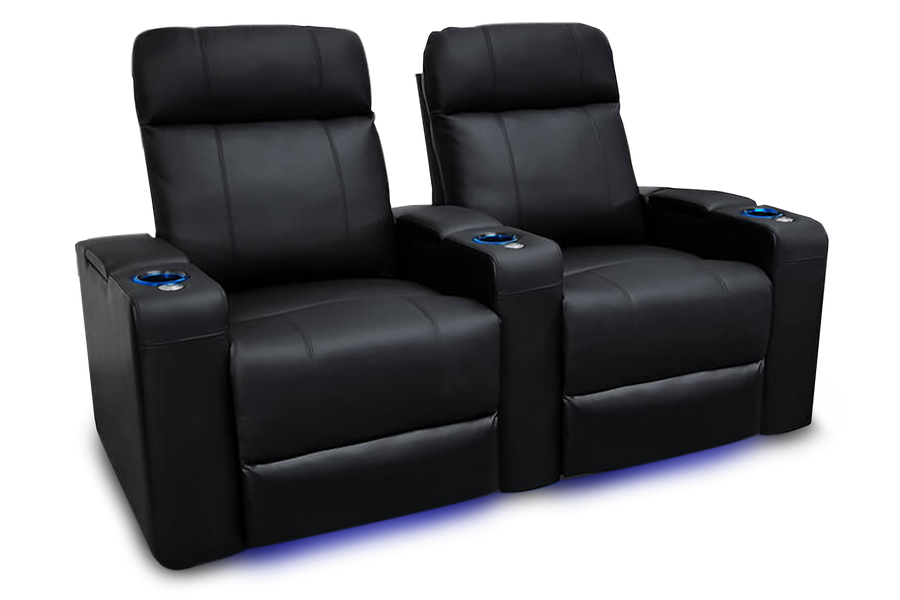 Left Angled Front View of A Comfort and Style, Black, Wood and Steel Frame, Piacenza Power Headrest Premium Top Grain Leather Theater Seating.