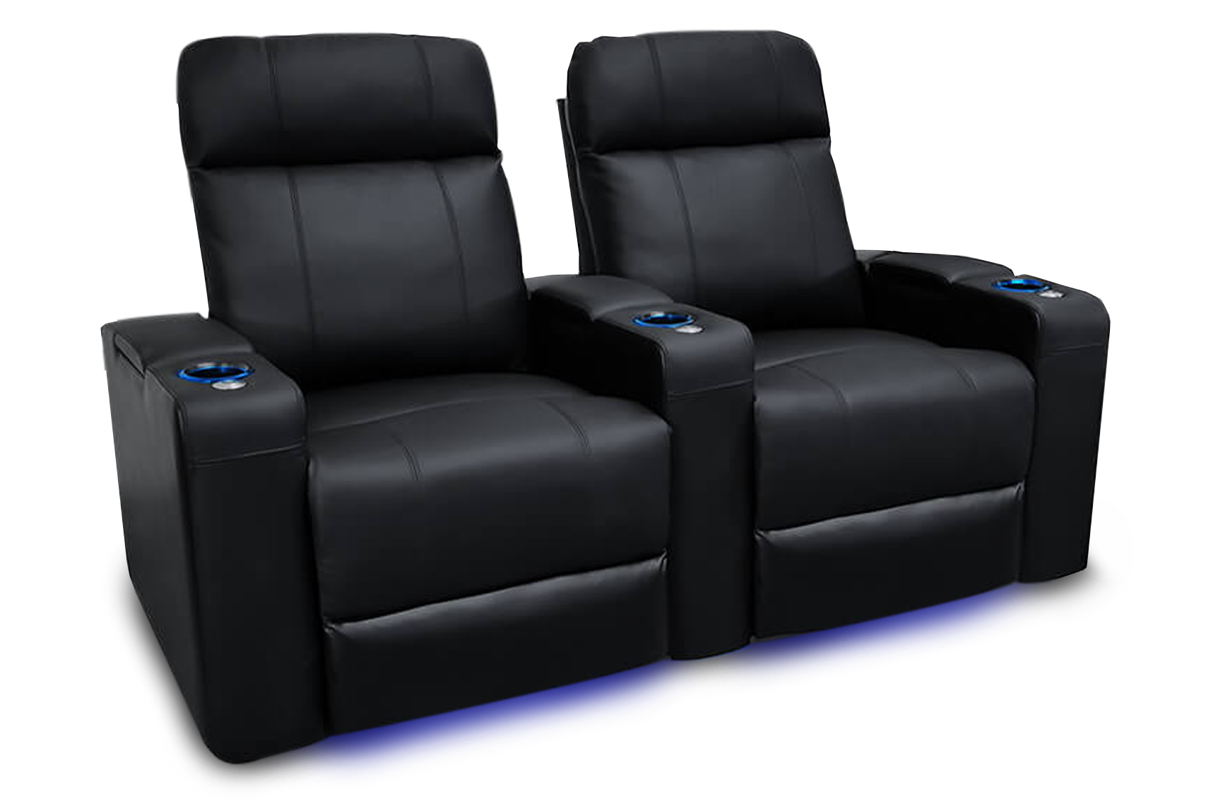 Left Angled Front View of A Comfort and Style, Black, Wood and Steel Frame, Piacenza Power Headrest Premium Top Grain Leather Theater Seating.