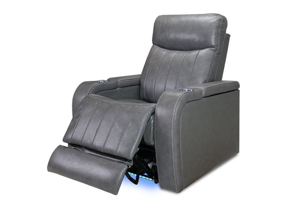 Right Angled Front View of A Modern, Grey, Single Seat, Leather Recliner Chair with Recliner On.