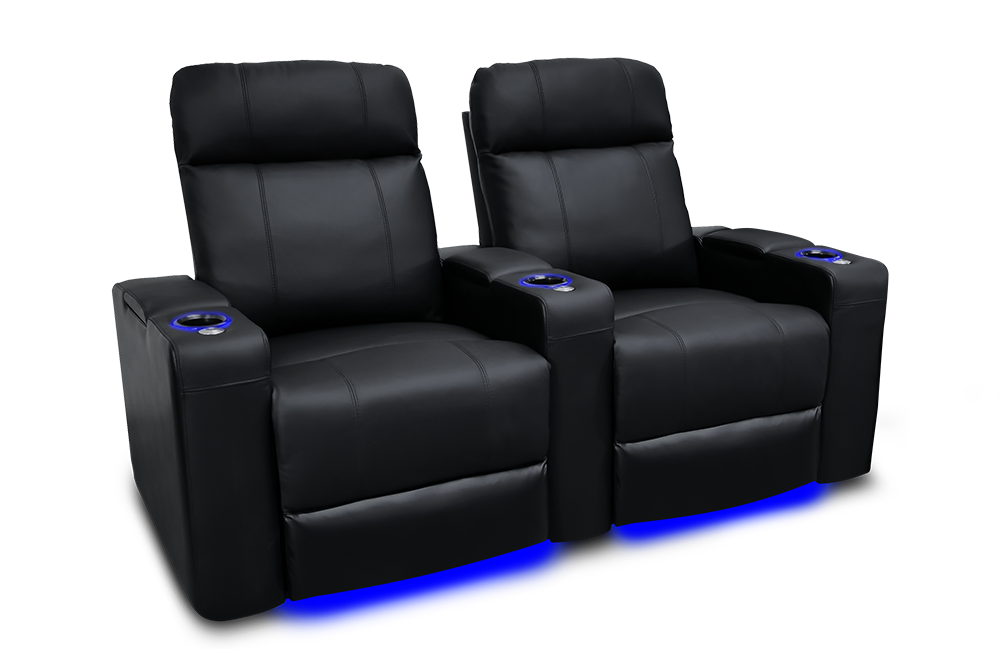 Left Angled Front View of A Comfort and Style, Black, Two Seat, Wood and Steel Frame, Piacenza Premium Top Grain Leather Home Theater Seating.