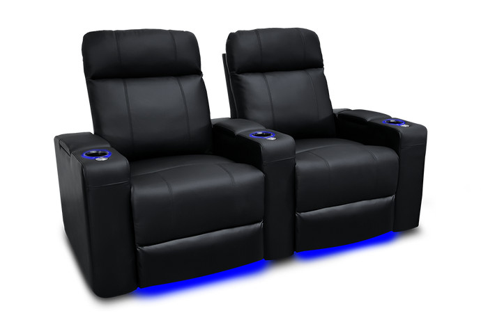 Left Angled Front View of A Comfort and Style, Black, Two Seat, Wood and Steel Frame, Piacenza Premium Top Grain Leather Home Theater Seating.