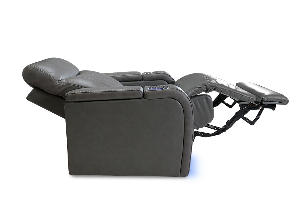 Left-Side, Back View with Recliner On of A Modern, Grey, Single Seat, Leather Recliner Chair.