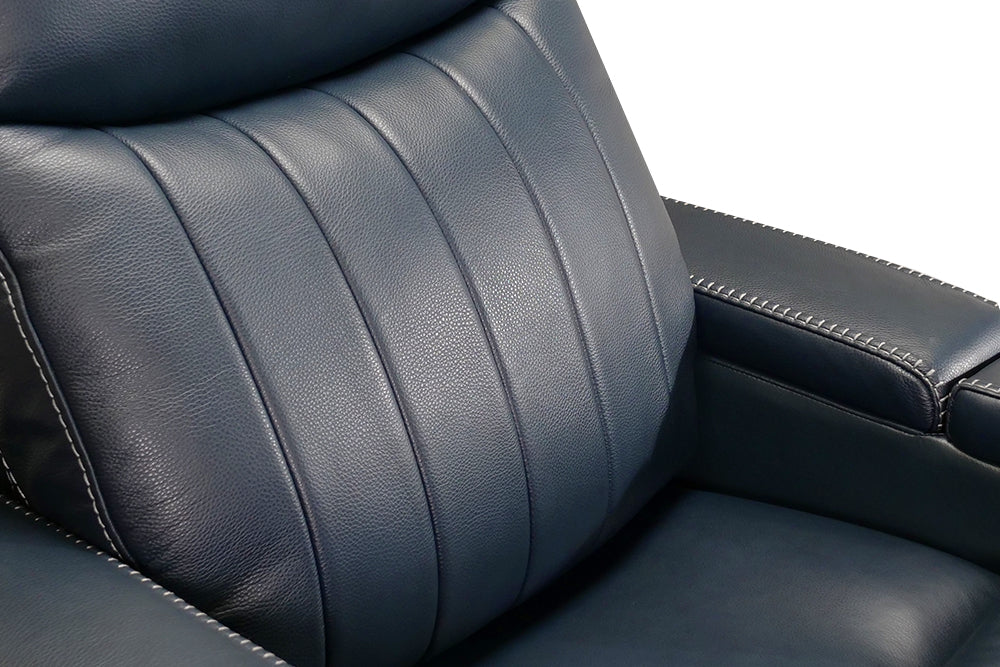 Left Angled Power Lumbar Support Close-Up View of A Modern, Navy Blue, Single Seat, Leather Recliner Chair.