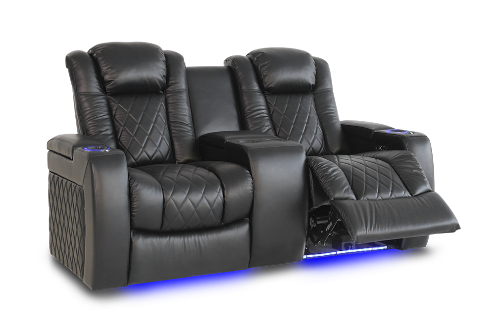 Left Angled Front View of A Luxurious, Midnight Black, Wood and Steel Frame, Tuscany Premium Top Grain Nappa Leather Console 2 Seat Edition Theater Seating.