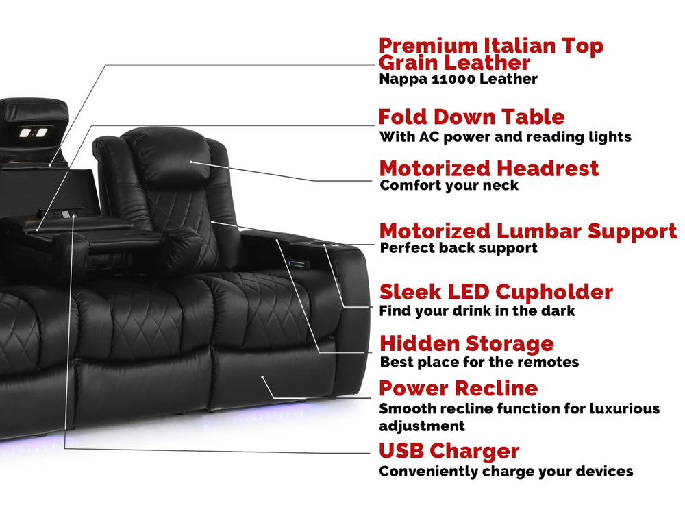 Half Left Angled Front View of A Luxurious, Midnight Black, Wood and Steel Frame, Tuscany Premium Top Grain Nappa Leather Console Edition Home Theater Seating With Its Individual Parts Details Chart.