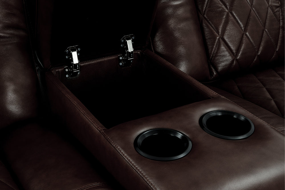 Middle Armrest Storage Close-Up View of A Luxurious, Dark Chocolate, Wood and Steel Frame, Tuscany Premium Top Grain Nappa Leather Console 2 Seat Edition Theater Seating.