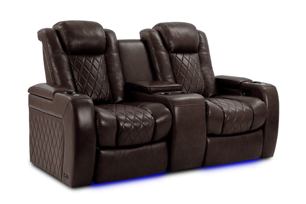 Left Angled Front View of A Luxurious, Dark Chocolate, Wood and Steel Frame, Tuscany Premium Top Grain Nappa Leather Console 2 Seat Edition Theater Seating.