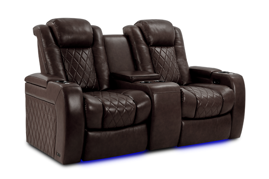 Left Angled Front View of A Luxurious, Dark Chocolate, Wood and Steel Frame, Tuscany Premium Top Grain Nappa Leather Console 2 Seat Edition Theater Seating.