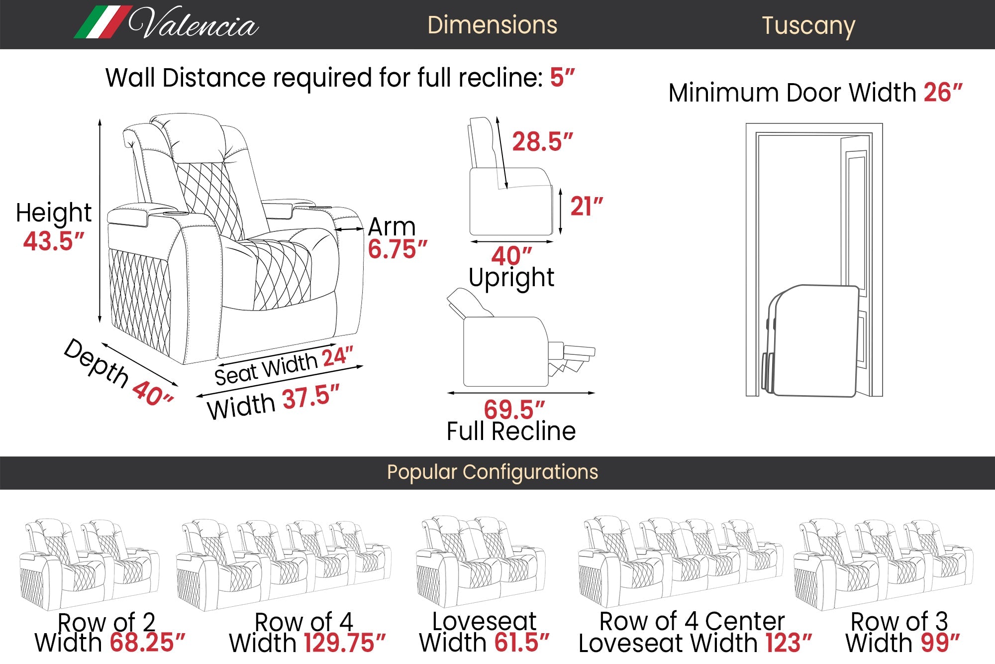 Valencia Tuscany Heat & Massage Leather Home Theater Seating