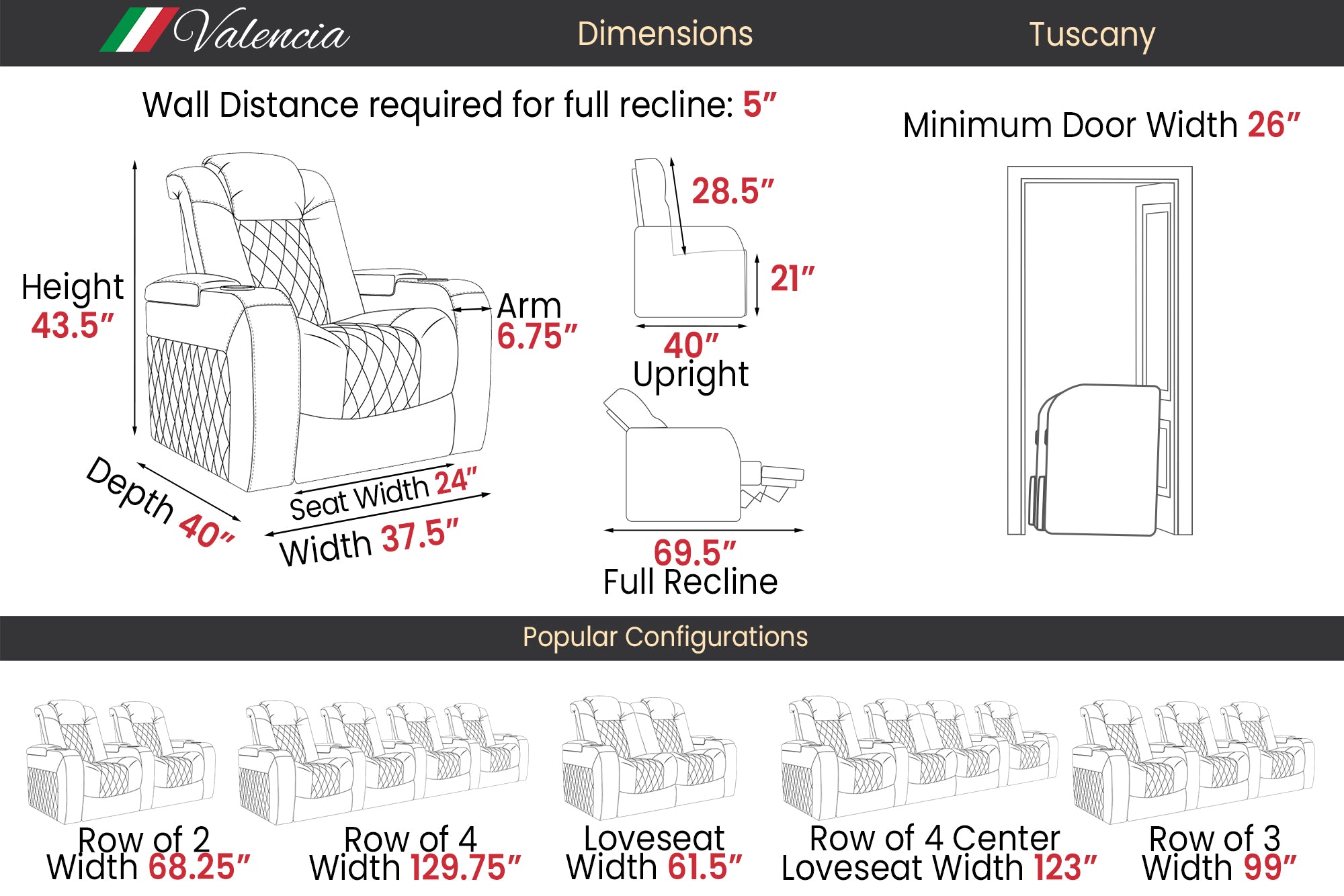 Valencia Tuscany Theater Seating Row of 4 Loveseat Center Russet Brown