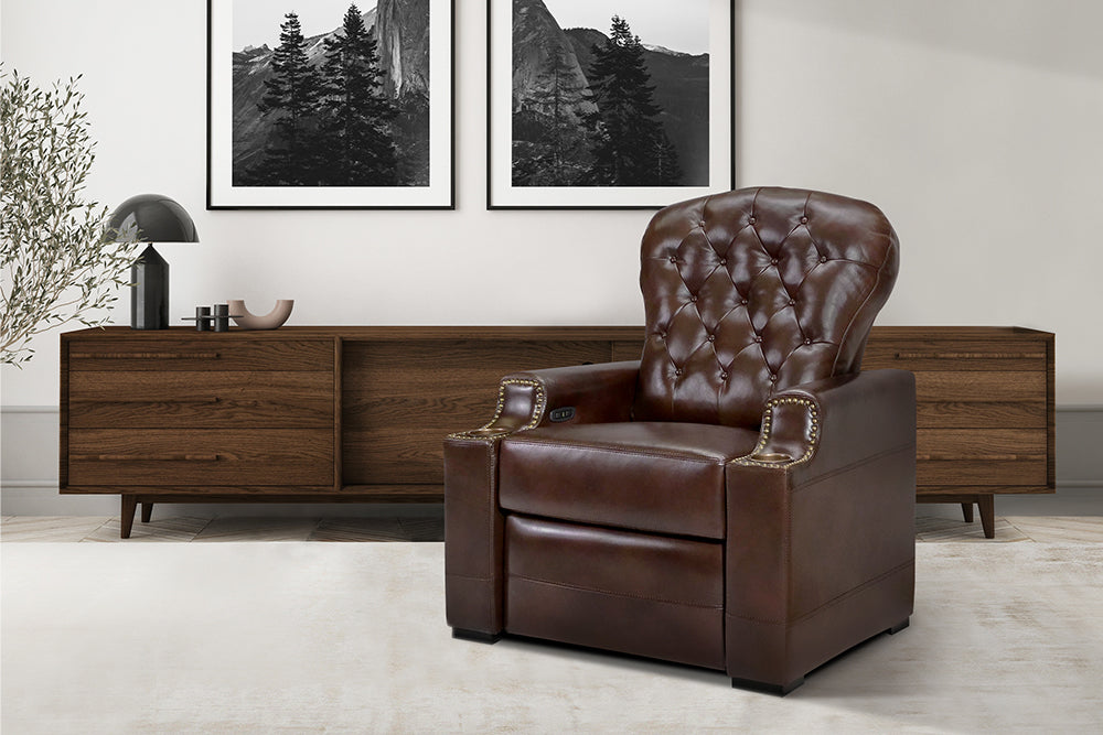 Right Angled Front View in a Living Room of A Luxurious, Dark Chocolate, Single Seat, Italian Moulin Leather Recliner Chair.
