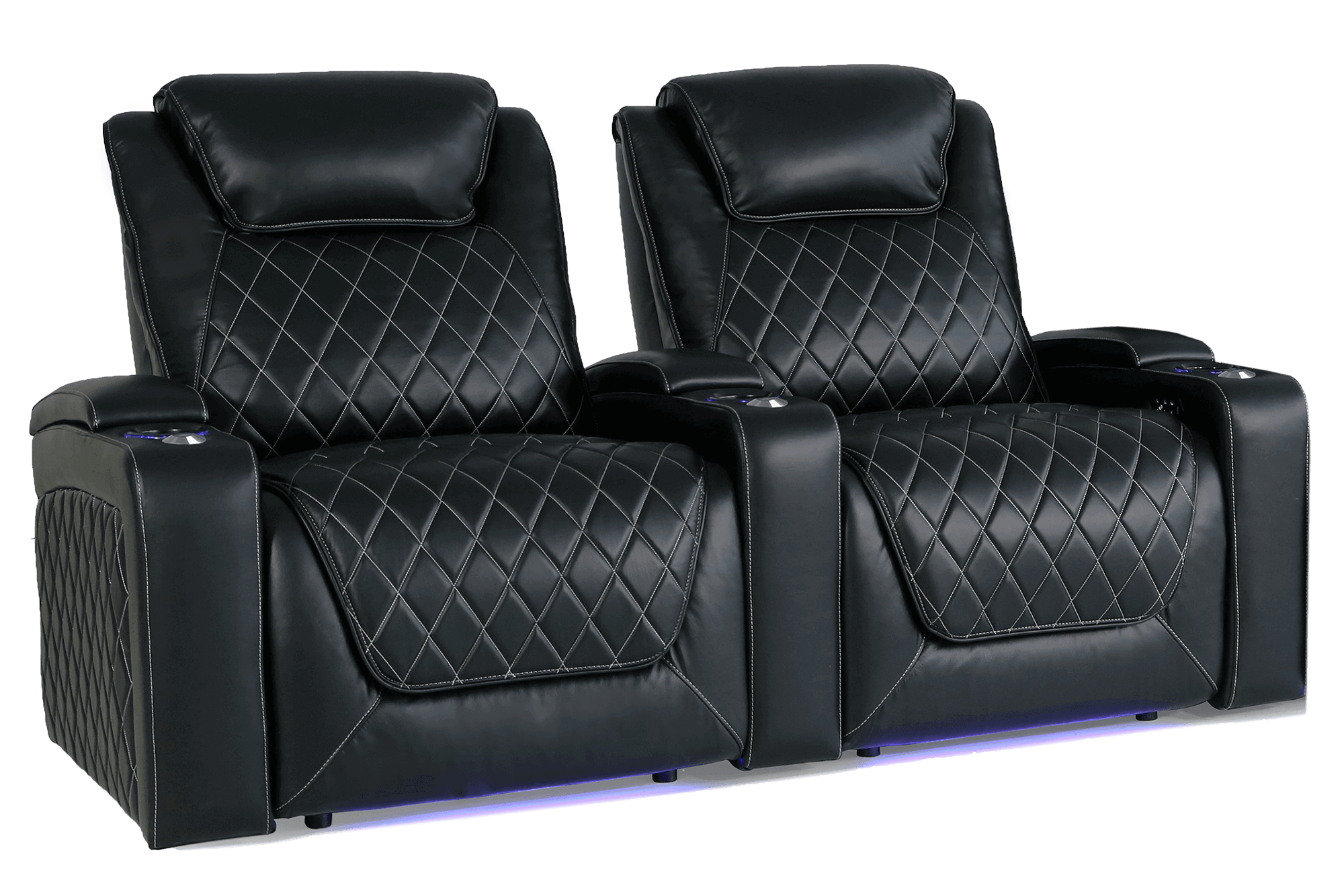 Left Angled Front View of A Luxurious, Black, Two Seat, Wood and Steel Frame, Oslo XL Premium Top Grain Nappa Leather Home Theatre Seating.