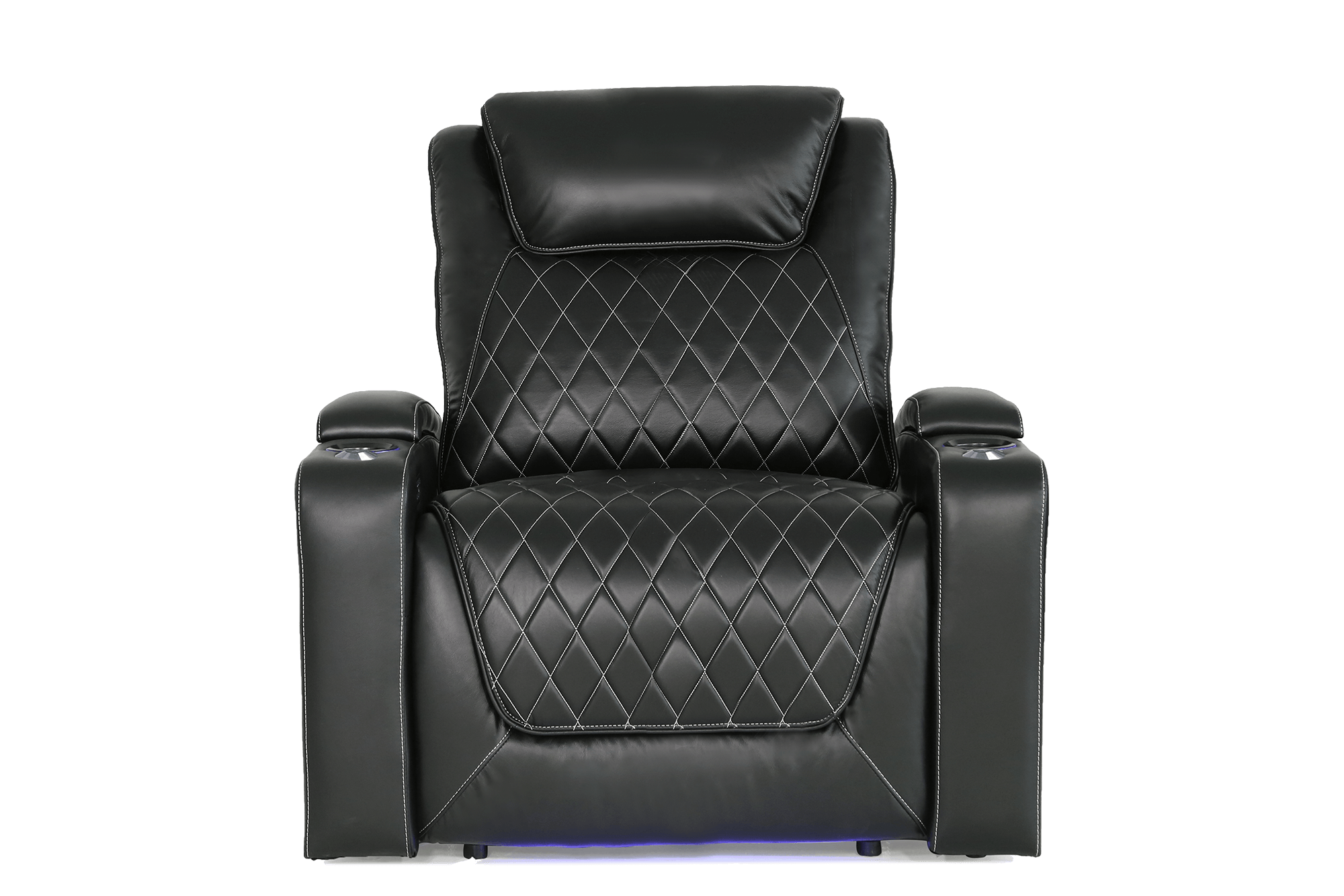 Straight Front View of A Luxurious, Black, Single Seat, Wood and Steel Frame, Oslo XL Premium Top Grain Nappa Leather Home Theatre Seating.