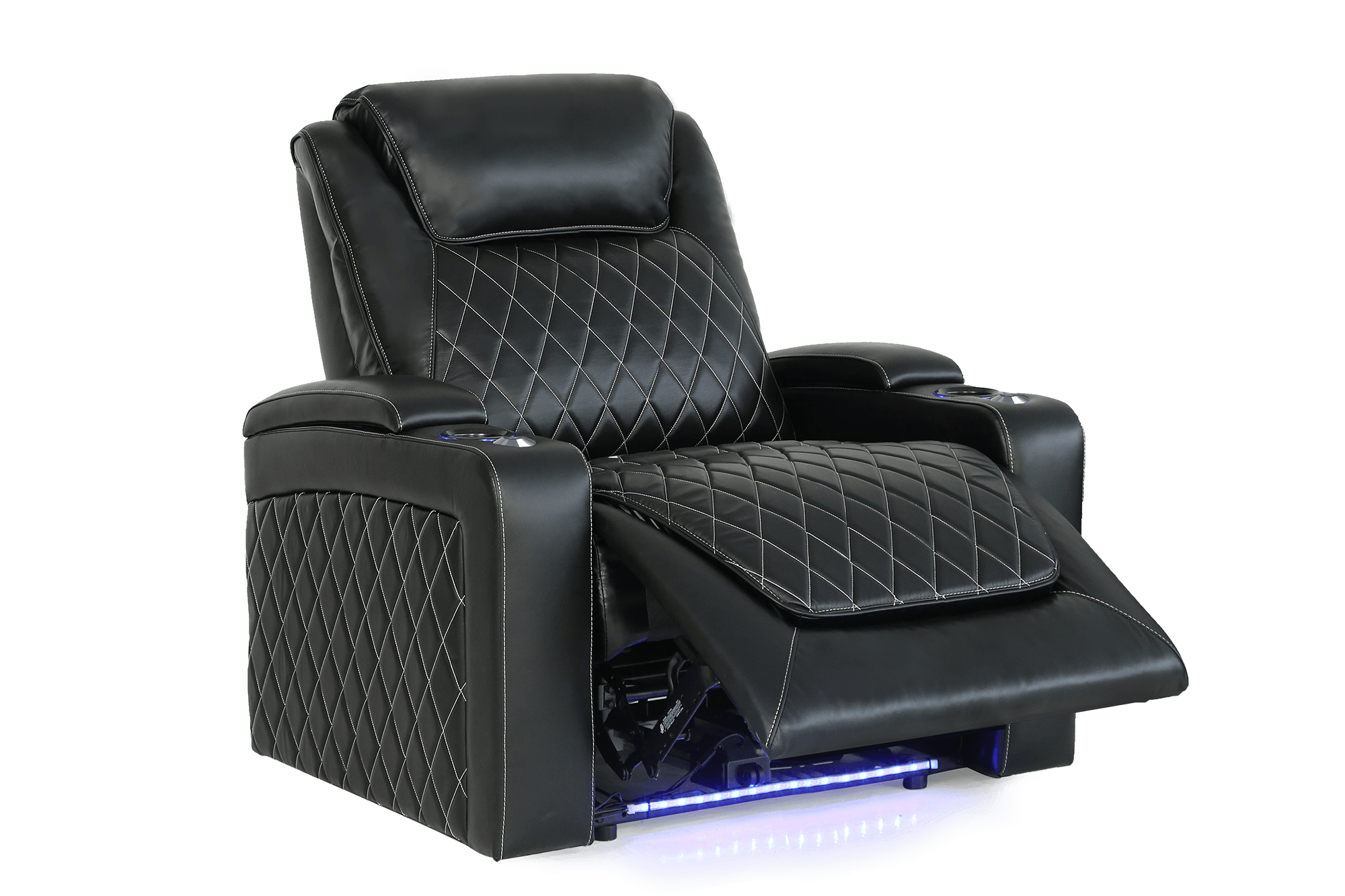 Left Angled Reclining Front View of A Luxurious, Black, Single Seat, Wood and Steel Frame, Oslo XL Premium Top Grain Nappa Leather Home Theatre Seating.