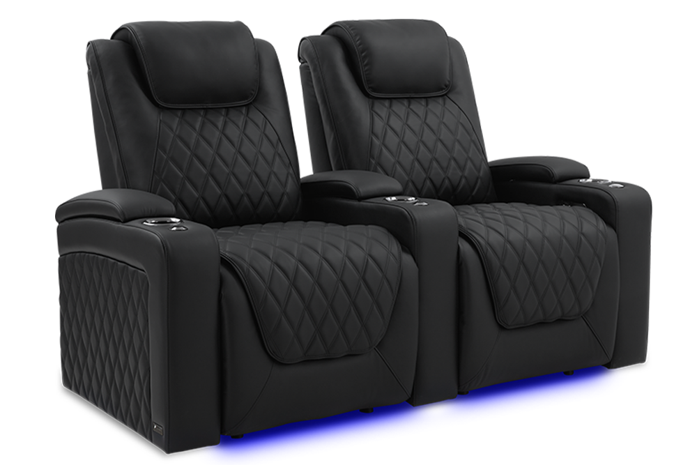 Left Angled Front View of A Luxurious, Onyx, Two Seats, Wood and Steel Frame, Semi-Aniline Italian Nappa Leather Oslo Luxury Edition Home Theater Seating.