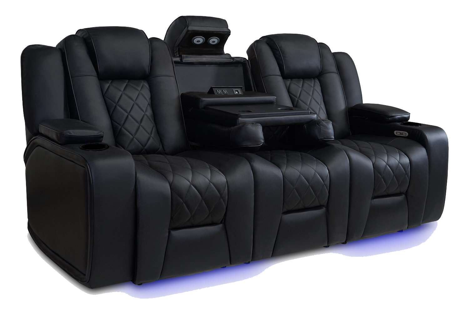 Left Angled Front View of A Luxurious, Midnight Black, Wood and Steel Frame, Oxford Premium Top Grain Nappa Leather Console Home Theater Seating.