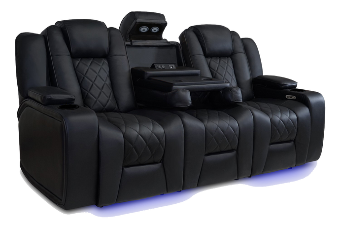 Left Angled Front View of A Luxurious, Midnight Black, Wood and Steel Frame, Oxford Premium Top Grain Nappa Leather Console Home Theater Seating.