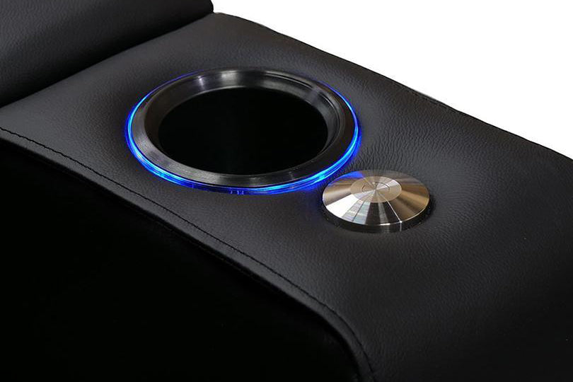 Cup Holder Close-Up View of A Comfort and Style, Black, Wood and Steel Frame, Piacenza Power Headrest Premium Top Grain Leather Theater Seating.