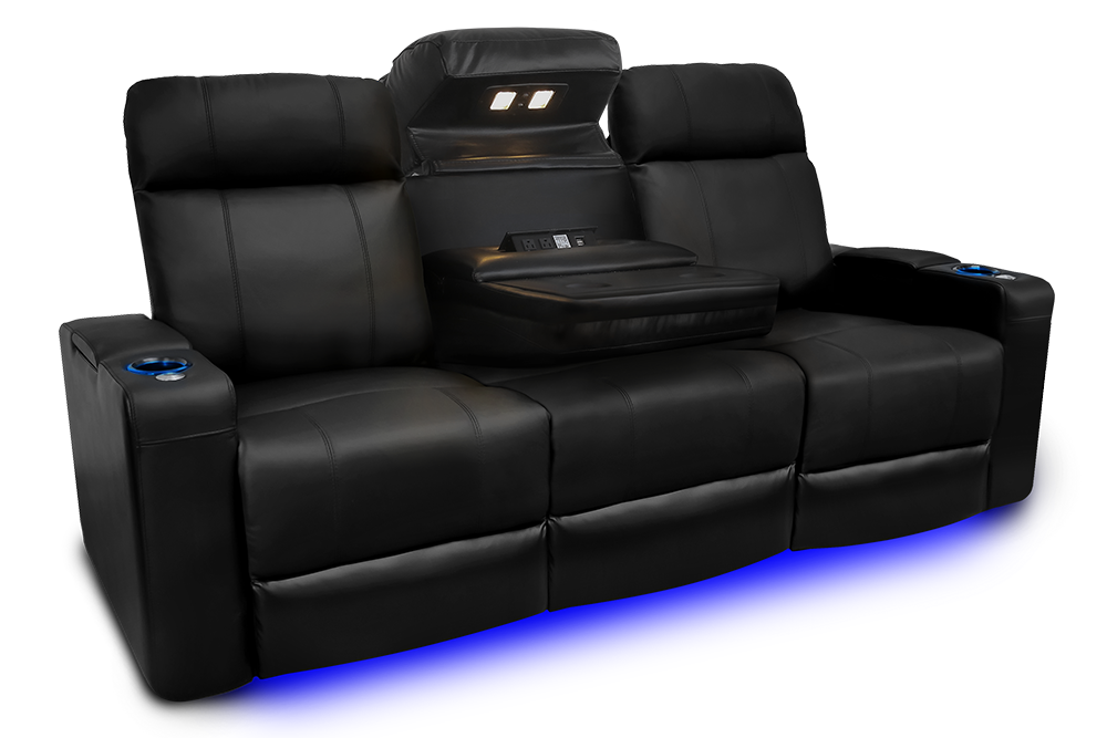 Left Angled Front View of A Luxurious, Midnight Black, Three Seats with Dropdown Center Console, Top Grain Leather Piacenza Headrest Console.