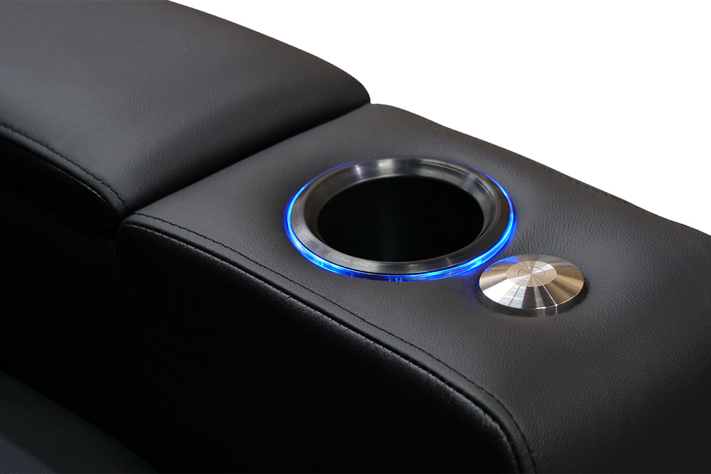 LED Cup Holder Close-Up View of A Luxurious, Midnight Black, Three Seats with Dropdown Center Console, Top Grain Leather Piacenza Headrest Console on a White Background.