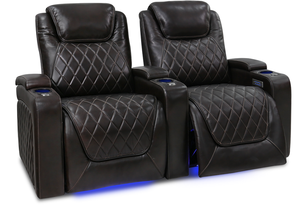 Left Angled Front View of A Classic, Dark Chocolate, Two Seats, Wood and Steel Frame, Oslo Italian Nappa Leather Home Theater Seating.