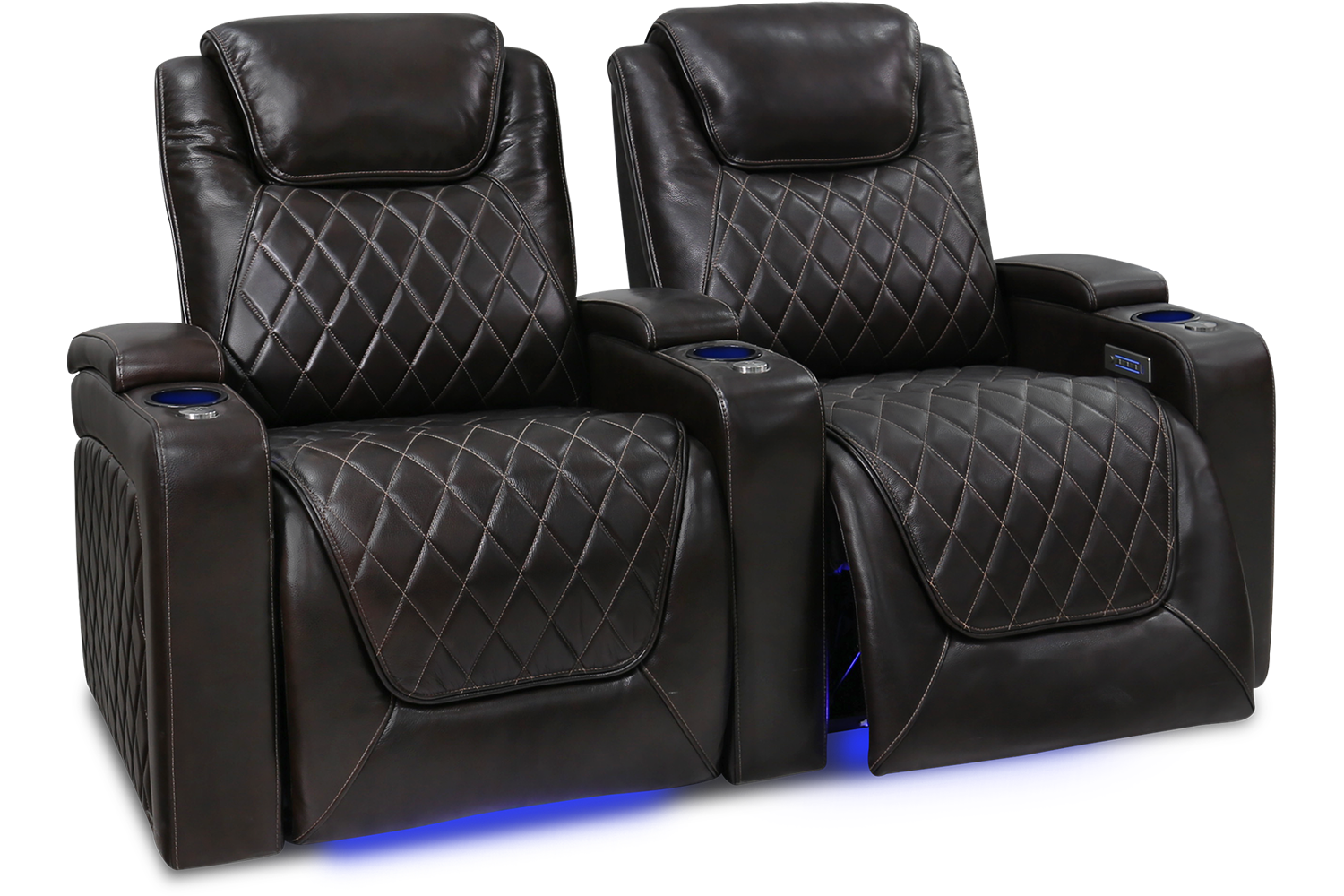 Left Angled Front View of A Classic, Dark Chocolate, Two Seats, Wood and Steel Frame, Oslo Italian Nappa Leather Home Theater Seating.