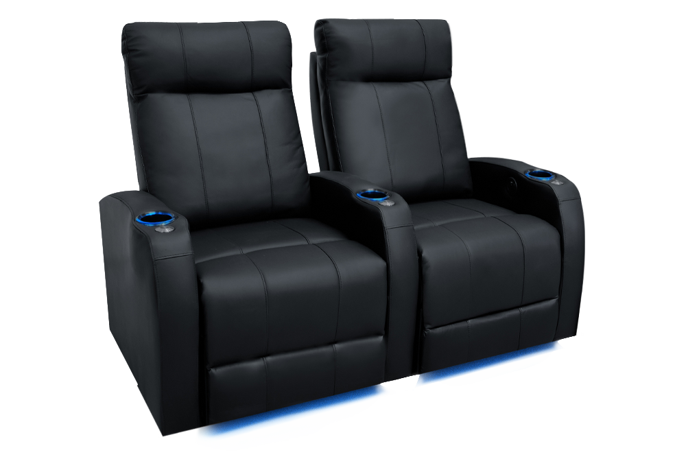 Left Angled Front View of A Classic, Black, Two Seat, Plywood and Steel Frame, Syracuse Premium Top Grain Leather Home Theater Seating.