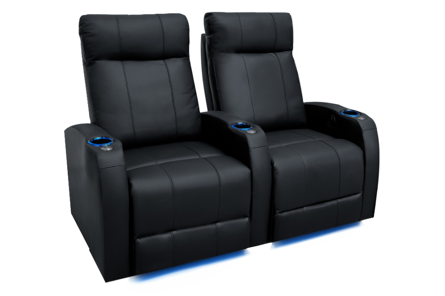 Left Angled Front View of A Classic, Black, Two Seat, Plywood and Steel Frame, Syracuse Premium Top Grain Leather Home Theater Seating.