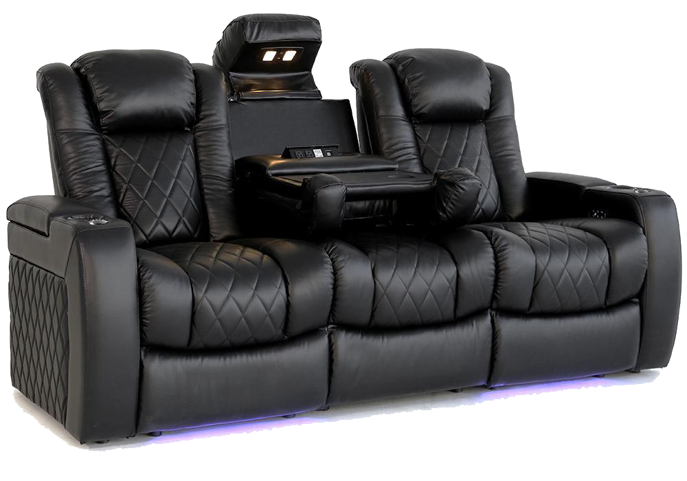 Left Angled Front View of A Luxurious, Midnight Black, Wood and Steel Frame, Tuscany Premium Top Grain Nappa Leather Console Edition Home Theater Seating.